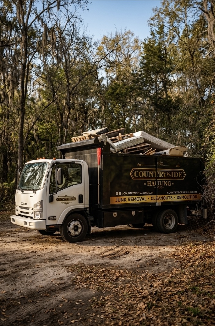 Countryside Hauling heavy-duty 18-yard Isuzu NPR dump truck loaded with a haul in Duval County